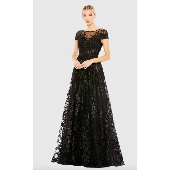 Mac Duggal 20405 Embellished Floral Cap Sleeve A Line Gown Size 6 Black $798